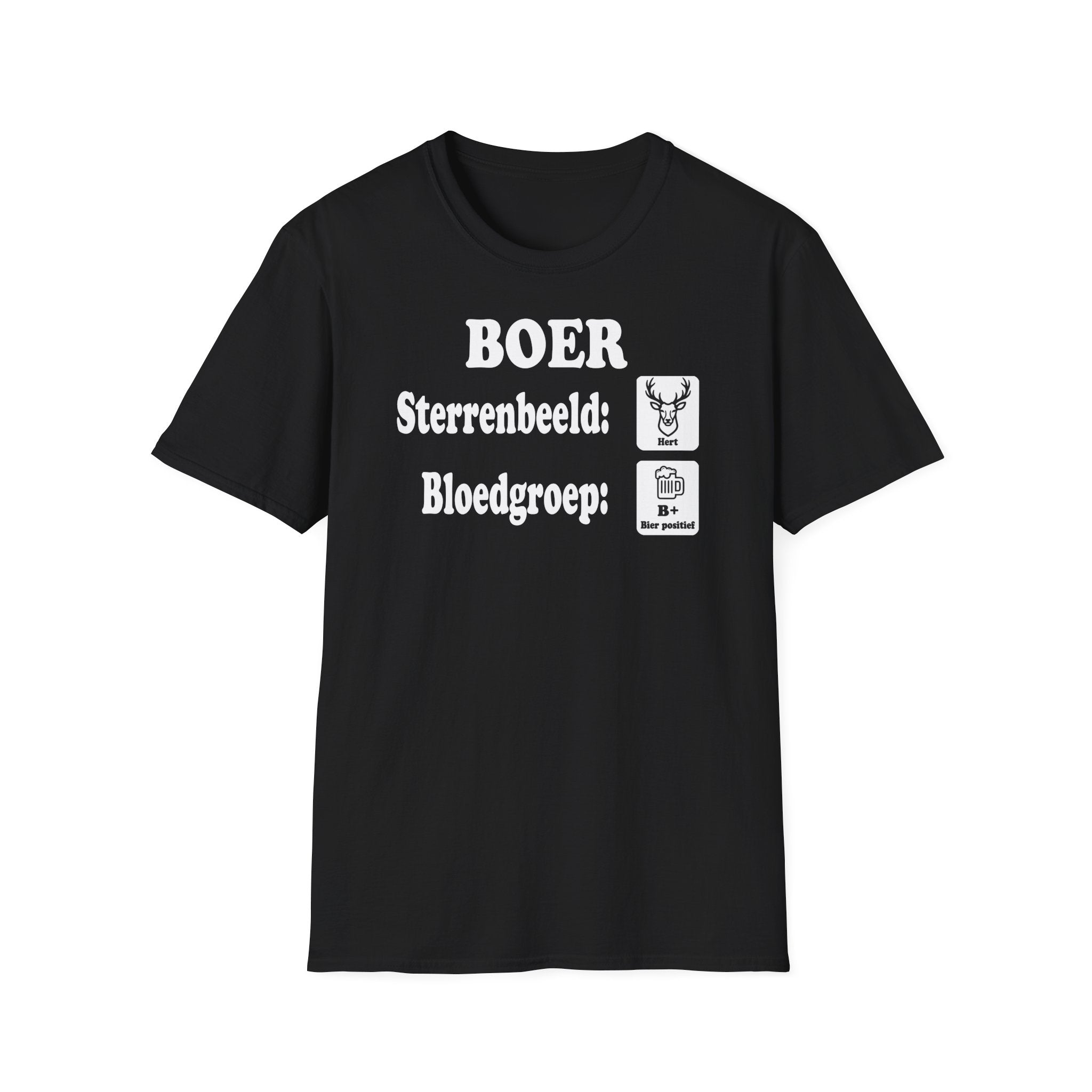 Grappig boeren T-shirt met tekst sterrenbeeld hert en bloedgroep bier positief.
