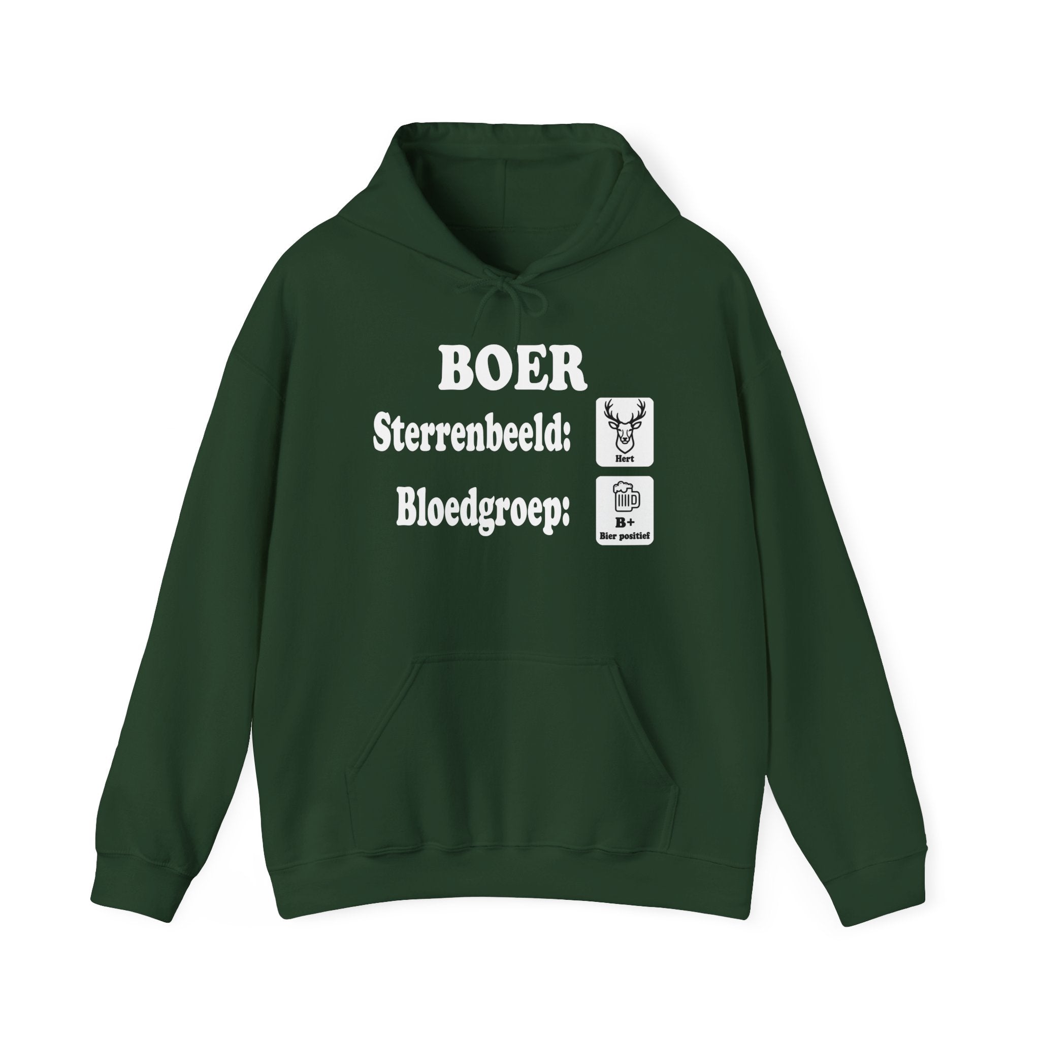 Zwarte agrarische hoodie met witte opdruk B+ bier positief.