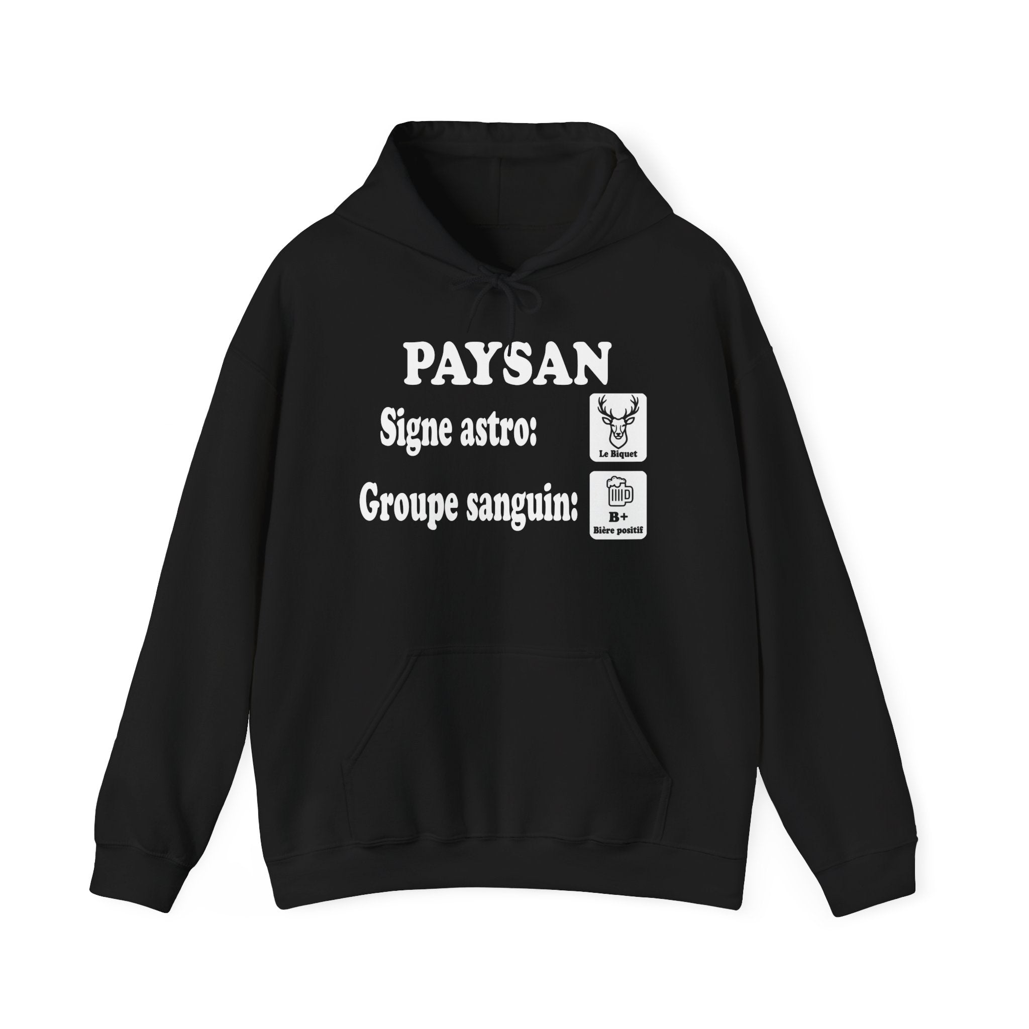 Hoodie humour paysan noir avec impression blanche signe astro et groupe sanguin.