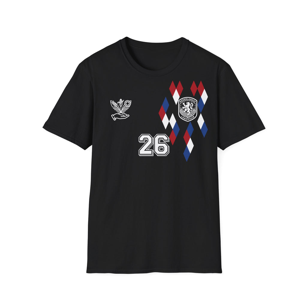 Gepersonaliseerd Oogsthelper Shirt Nederland 2026 met naam en rugnummer.