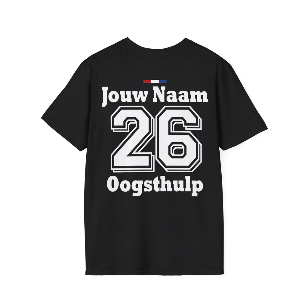 Detail van de personalisatie (naam en functie) op de rug van het landbouw shirt.