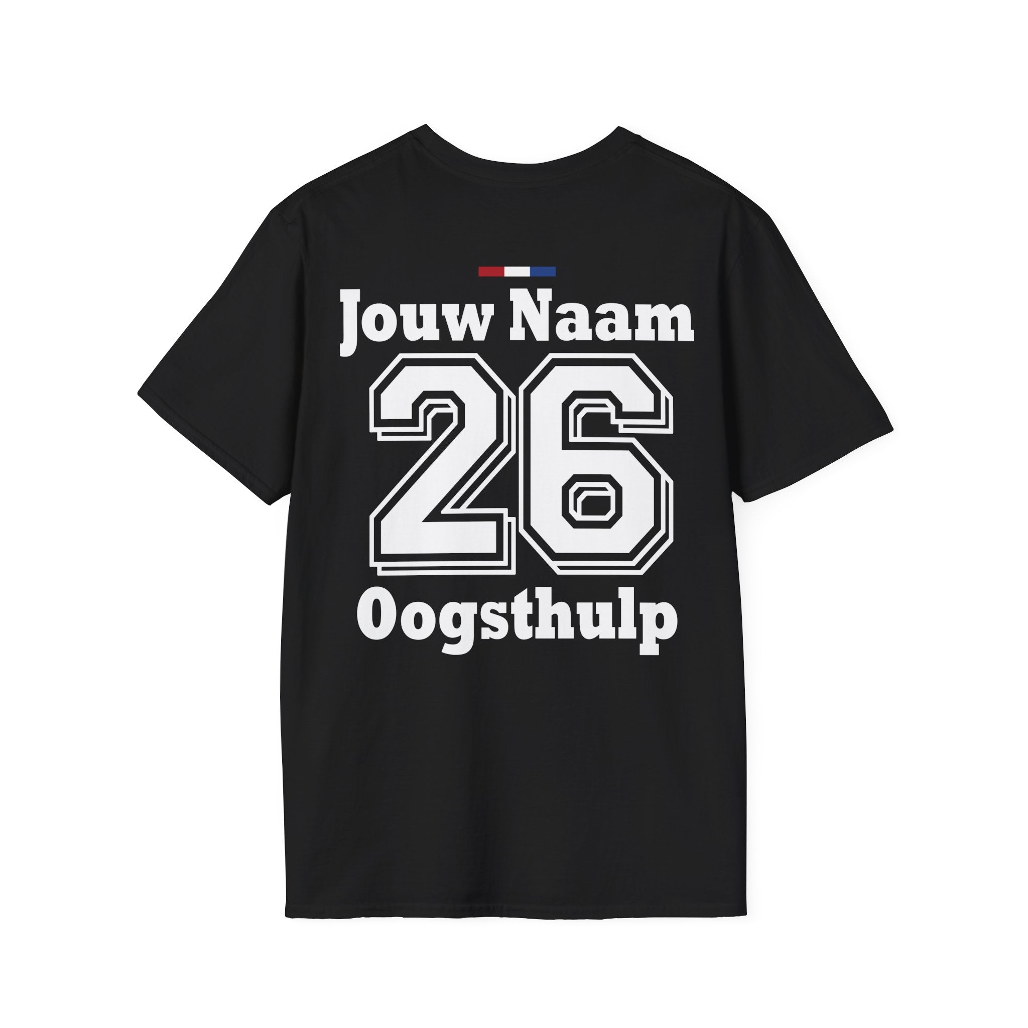 Detail van de personalisatie (naam en functie) op de rug van het landbouw shirt.