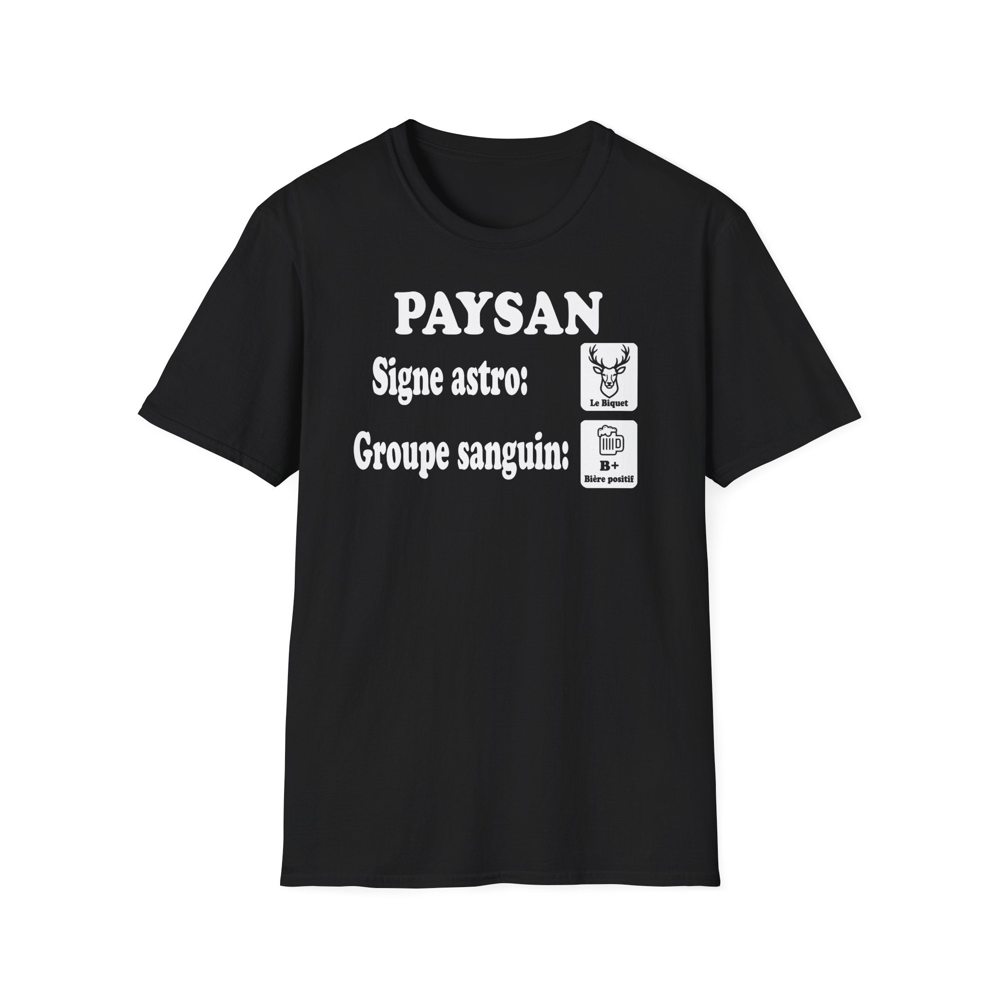 T-shirt humour paysan avec signe astro biquet et groupe sanguin bière positif.