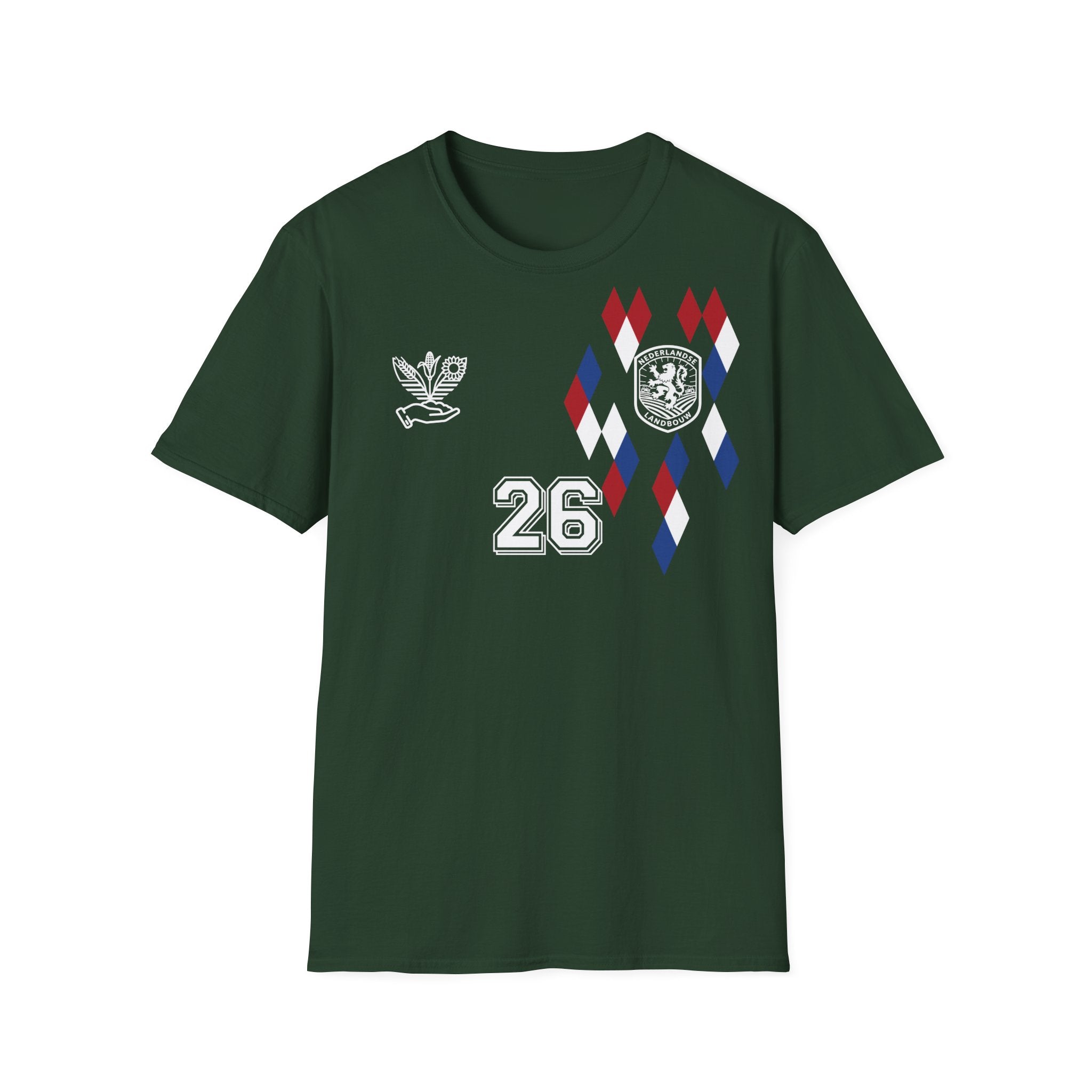 Voorzijde van het Nederlandse Landbouw T-shirt 2026 met logo en oranje details.