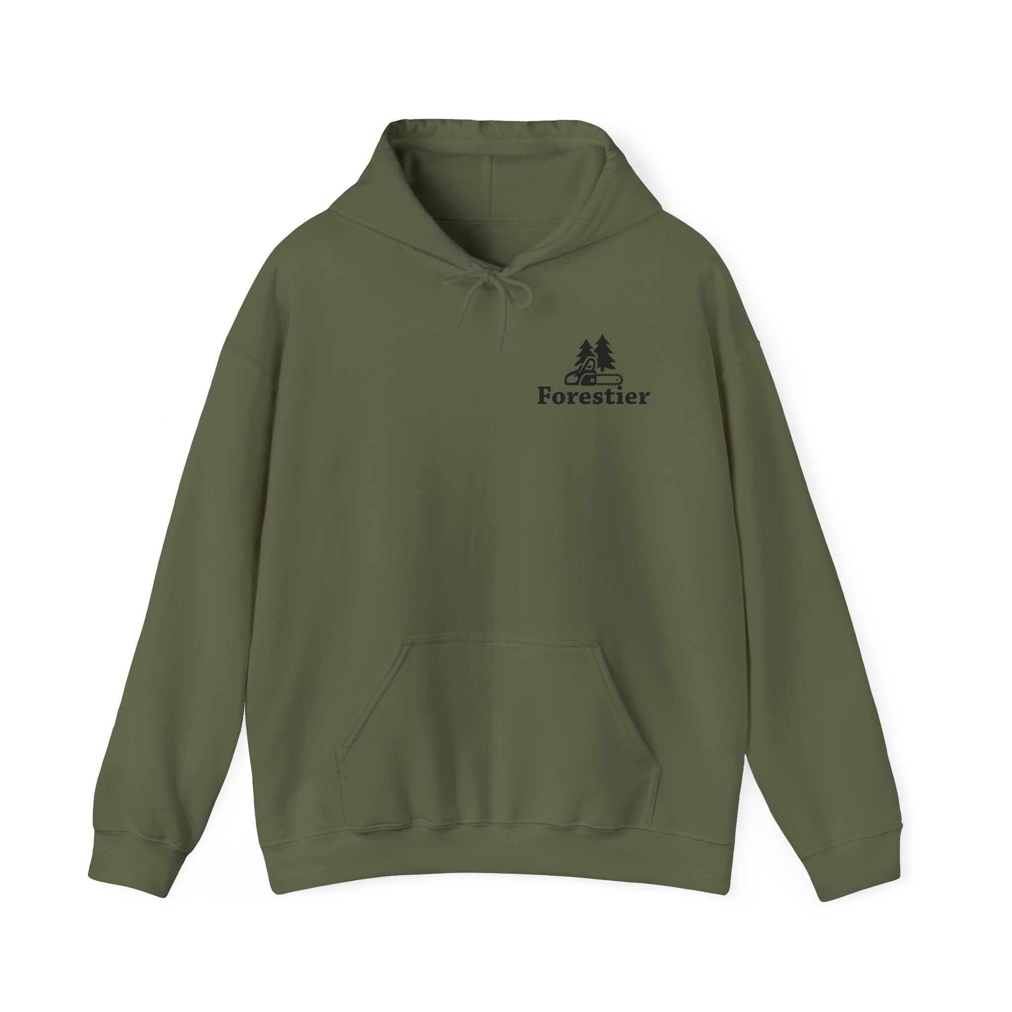 Hoodie Forestier vert forêt, vêtement de travail robuste avec logo tronçonneuse.